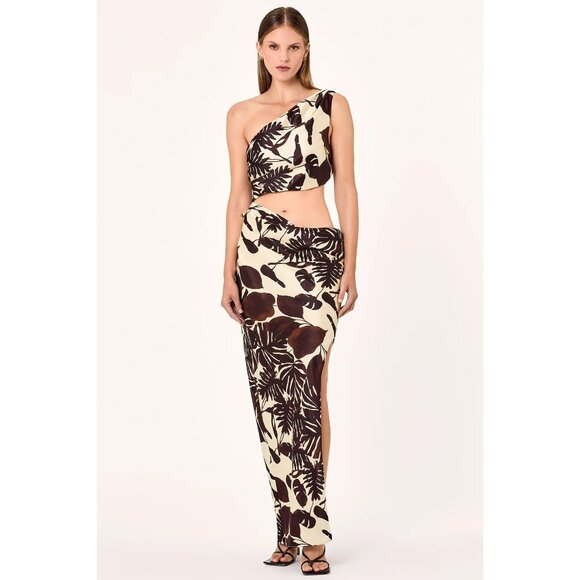 NICHOLAS Raya One Shoulder Asymmetrical Gown in Dark Chocolate Segovia Print 2 - Picture 15 of 16